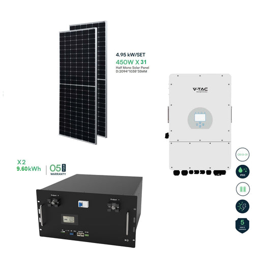 Komplet V-TAC 31x Solarni panel 450 W 2094*1038*35 mm + 12 kW trifazni pretvornik + 2x 9,60 kWh litijeva baterija