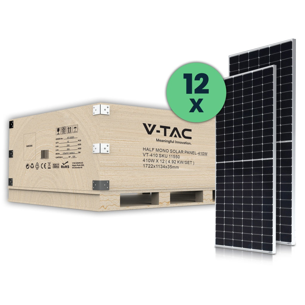 Komplet V-TAC 5 kW (4,92 kW) z 12 monokristalnimi solarnimi paneli 410 W 1722*1134*35 mm SKU11550