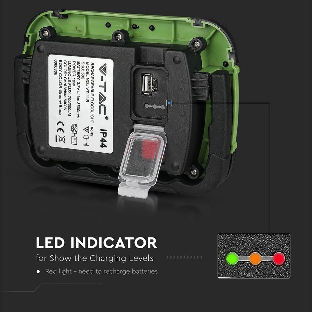 10W LED Polnilni Reflektor SAMSUNG Modul USB + SOS IP44 4000K Črn Zelen