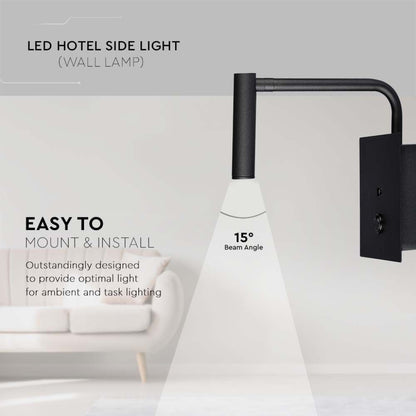 3W LED Nočna Stenska Svetilka Črna 3000K + USB Vhod