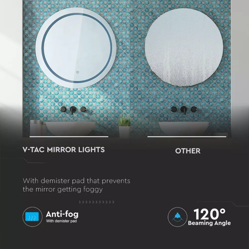 25W LED Ogledalna Svetilka Okrogla IP44 3 in 1 s Sistemom Proti Rosenju