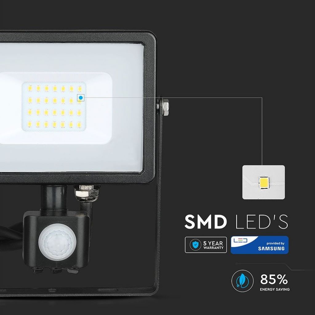 20W LED Reflektor s Senzorjem Cut-OFF Črno Ohišje 6400K