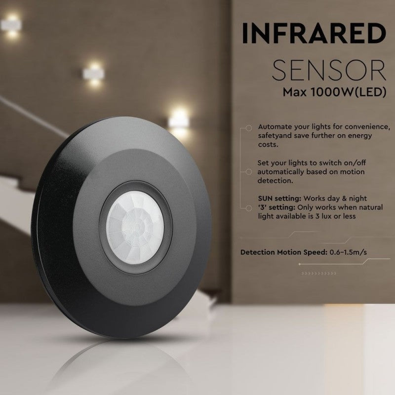 Senzor Gibanja PIR Nadometni Ultra Tanek Črni 360kot/do 8m/do 2000W