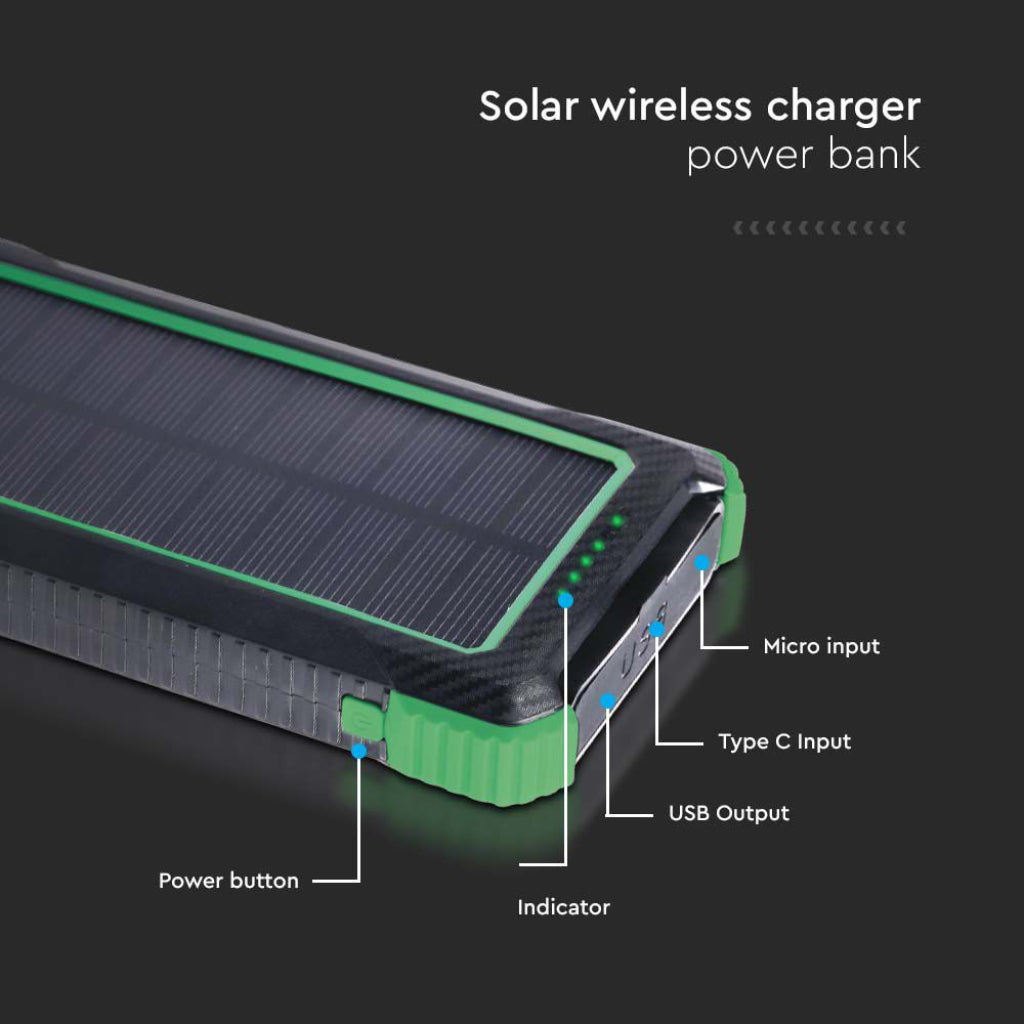 Prenosna Baterija 10.000 mAh za Brezžično Polnjenje s Solarnim Panelom Črna