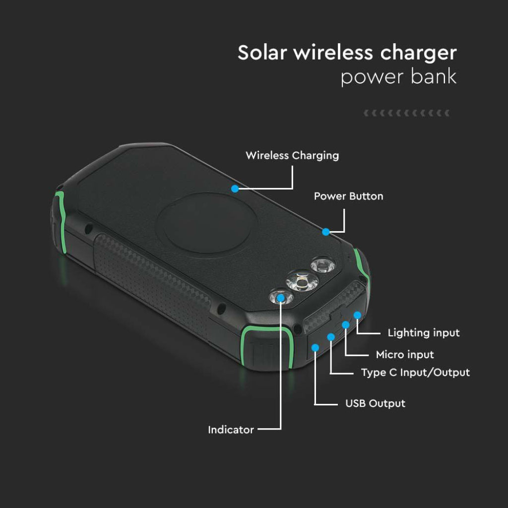 Prenosna Baterija 30.000 mAh za Brezžično Polnjenje s Solarnim Panelom Črna