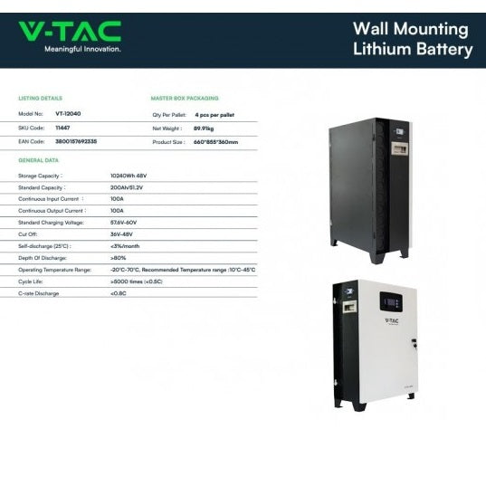 10.24kWh V-TAC Lithium Iron Phosphate (LiFePO4) Battery Integrated BMS for Photovoltaic Inverters (51.2V 200Ah) SKU11447