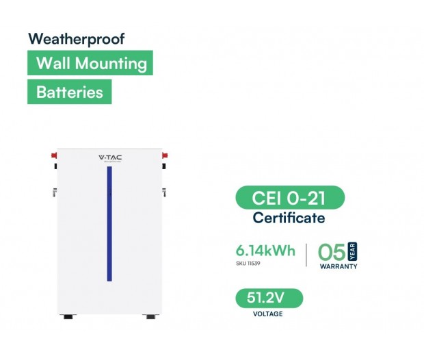 6,14kWh V-TAC stenska baterija litij-železo-fosfat (LiFePO4) integriran BMS za fotovoltaične pretvornike (51,2 V 120 Ah) SKU11539